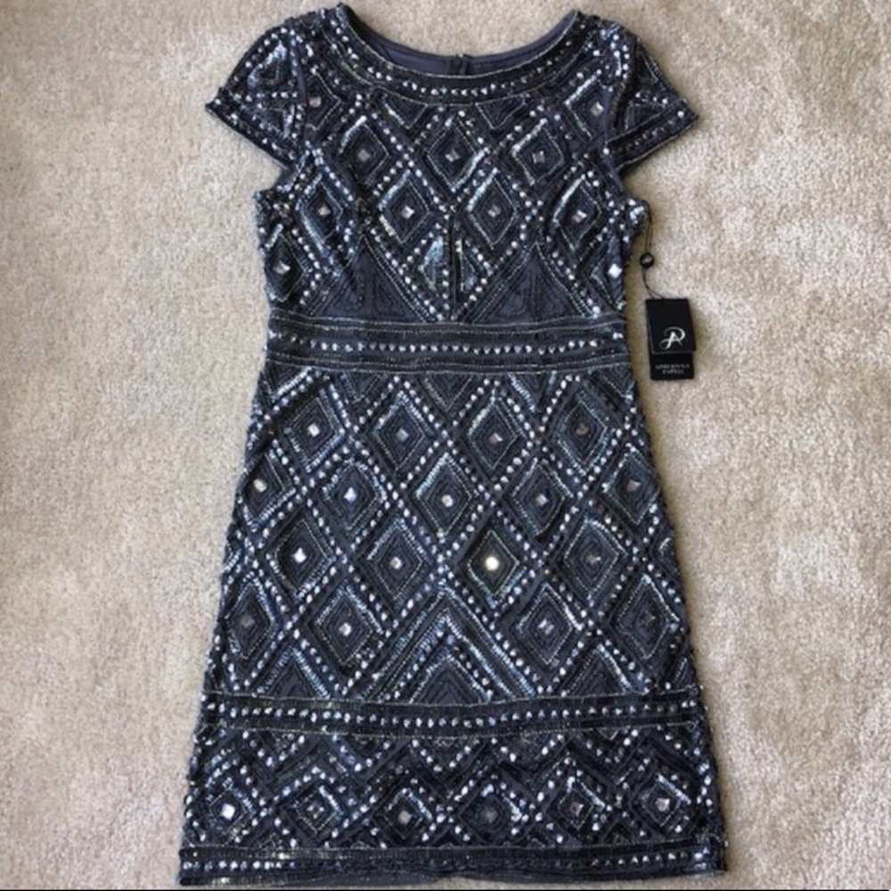 “Adrianna Papell” Cap Sleeve Geo Bead Sheath Dress - Picture 5 of 7